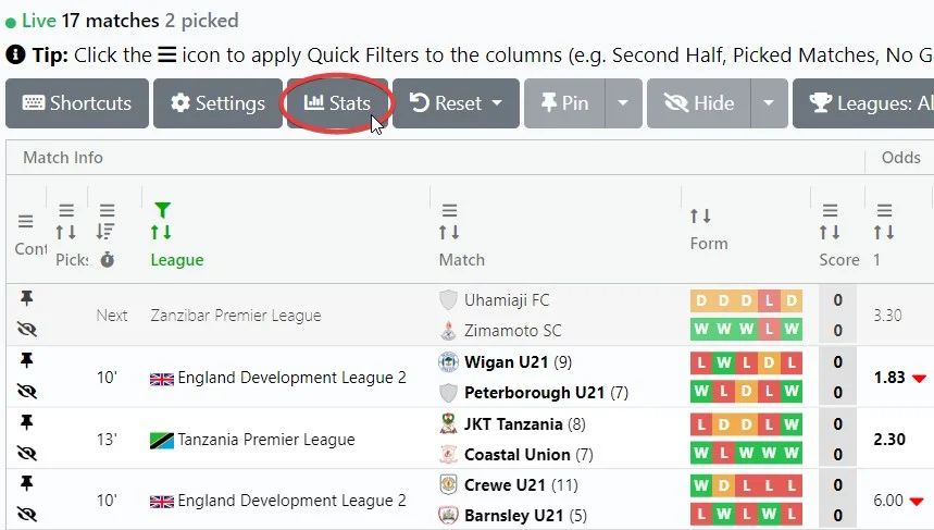 in-play scanner column selection button highlighted